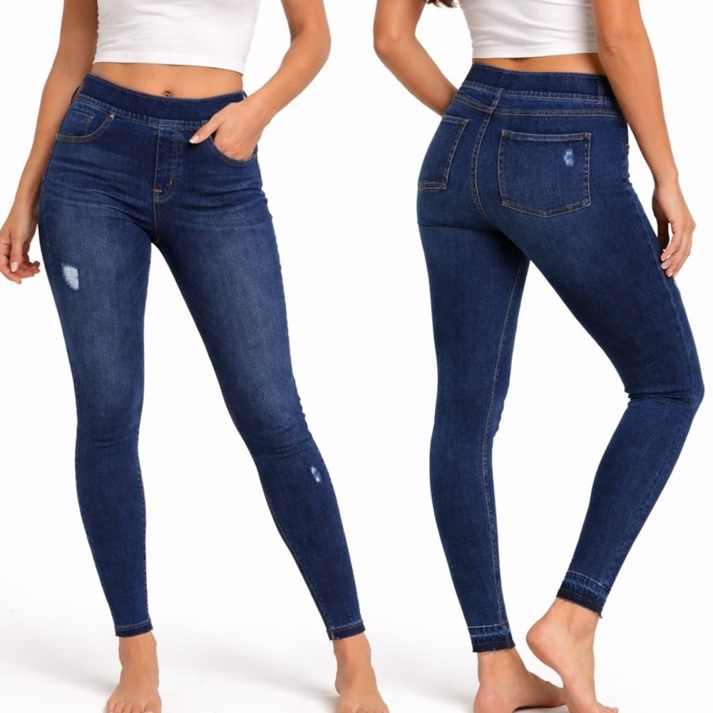 SPANX Distressed Denim High Rise‎ Elastic Waist Jeggings. Size Small